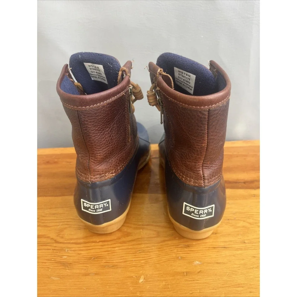 Sperry Topsider Saltwater Duck Boots Womens 7.5 Brown Leather Navy